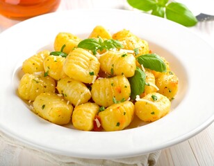 Close-up of gnocchi, a traditional Italian potato dumpling, served on a white plate with basil garnish. The dish appears freshly prepared