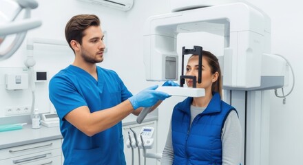 Obraz premium Dentist using a digital scanner to examine a patient's teeth in a clinic.
