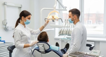 Obraz premium Dentists performing a dental procedure on a patient in a modern clinic