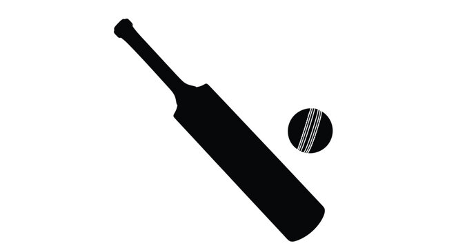 A black silhouette of a cricket bat and ball