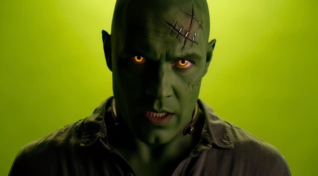 Scary male creative manager with green skin and stitched forehead wearing shirt against green background, concept for halloween promotion, horror movie character and professional makeup artistry