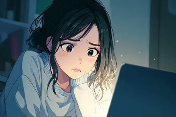 Young Japanese woman looking at a laptop screen with a worried or surprised expression in a dimly lit room