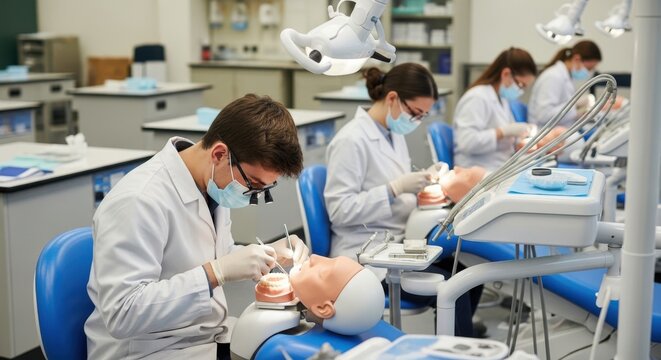 Dental students practicing on mannequins in a modern dental clinic setting.