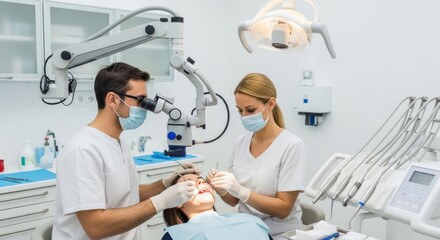 Dentists in a modern clinic performing a dental procedure on a patient
