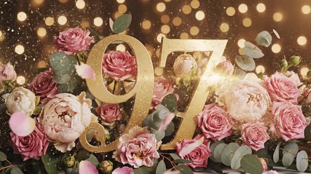 Golden 97 Number Surrounded by Pink Roses.