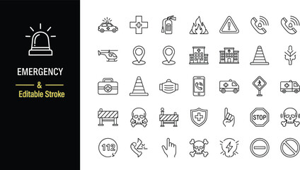 Large collection of emergency and public safety icons in a black and white cad drawing flat vector illustration for professional projects © Heyy there