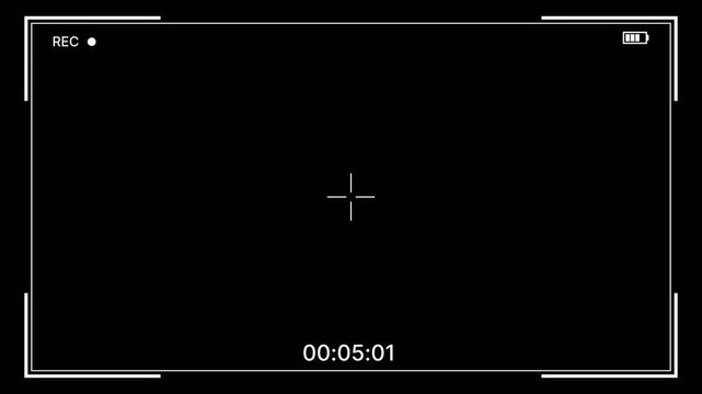 Minimal camera recording screen display overlay on black background with recording indicator, center crosshair, battery icon and time counter for streaming, vlog, filmmaking. 4K Video
