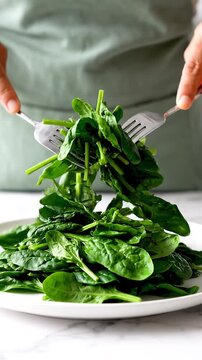 A person about to eat a nutritious plate of fresh spinach leaves with utensils