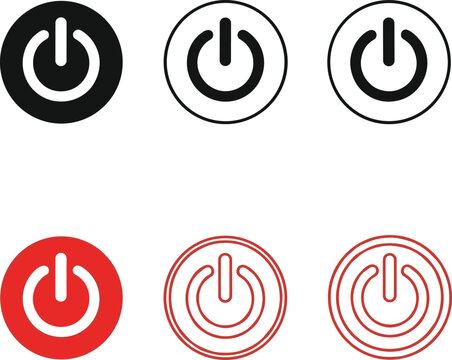 Power Button Icon Set in Red and Black Variations with Outline and Solid Styles for Electronic Device Interfaces, Start Symbols, and Technology User Experience Designs