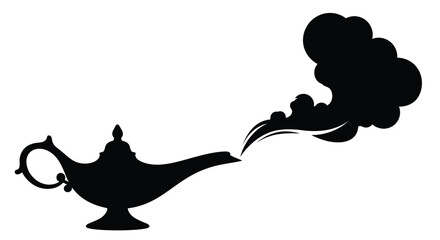 A black silhouette of a magic lamp with smoke emerging from it silhouette © SHM707k