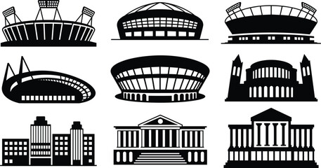 Black silhouette collection of modern sports stadium arenas and classical government building landmarks isolated on white background for urban city architectural vector design elements © MdAnisur
