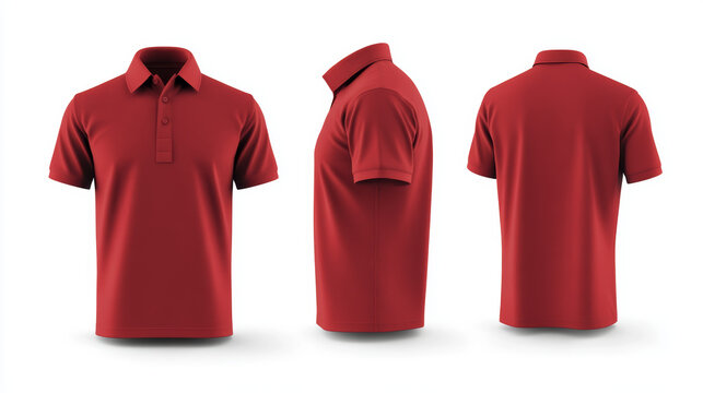 Red polo shirt front back side view clean design, plain collar, short sleeve fashion mockup on white background for apparel catalog