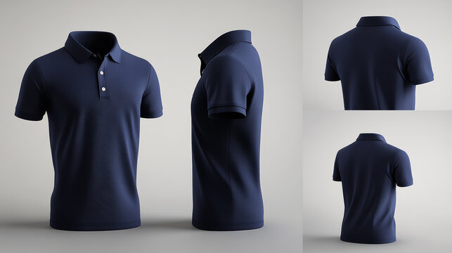 Navy polo shirt short sleeve collar button blank design front view side view back view clothing mockup casual wear navy polo shirt short sleeve