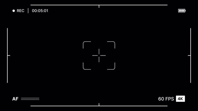 Modern camera viewfinder overlay on black background with rec indicator, timecode counter, autofocus bar, 4K, 60fps display and battery icon for streaming, vlogs, filmmaking. 4K Video