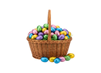 A side view of an Easter basket packed with vibrant, wrapped chocolate eggs, set against a white background.

