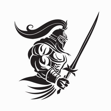 Fierce fantasy barbarian warrior with sword logo vector