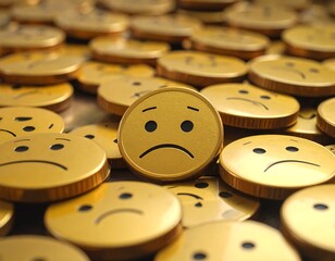 Close-up of gold coins with sad face emoji, showing varying depths of field. The coins are in a blurry pattern