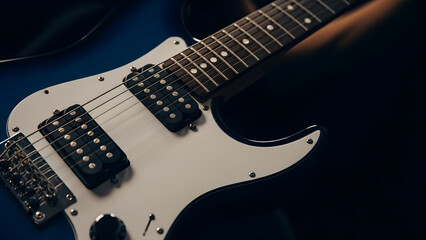 Obraz premium Close up view of the pickups and strings of a blue electric guitar with white pickguard