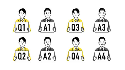 質問する後輩社員と回答する先輩社員、Q&Aボードを持つ人物アイコンセット