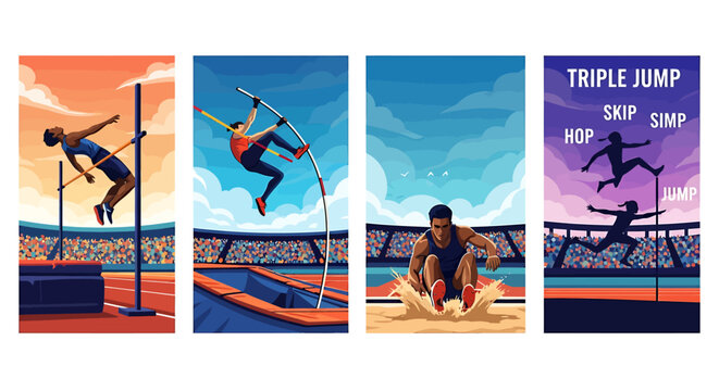 Athletes competing in track and field events including high jump long jump and triple jump on a sunny day