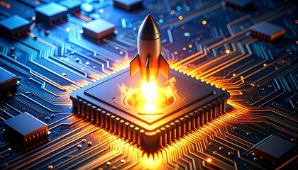 A macro image of a high-tech computer motherboard, showing digital semiconductor chips and electronic components on a circuit board background