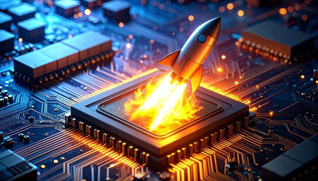 A macro image of a high-tech computer motherboard, showing digital semiconductor chips and electronic components on a circuit board background