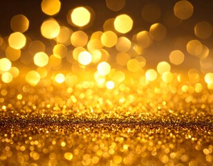 Close-up of gold glitter particles on the ground, with bokeh golden lights in the background. Creates a warm, festive effect