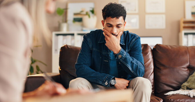 Clipboard, stress and therapist with man in office with checklist for mental health evaluation. Life coach, patient information and psychologist with male person for support on ptsd, sad or anxiety.