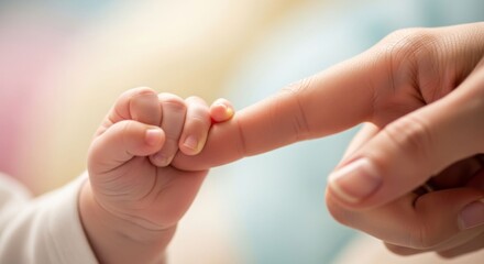 Newborn baby's tiny hand holding adult finger, symbol of love, care, and connection