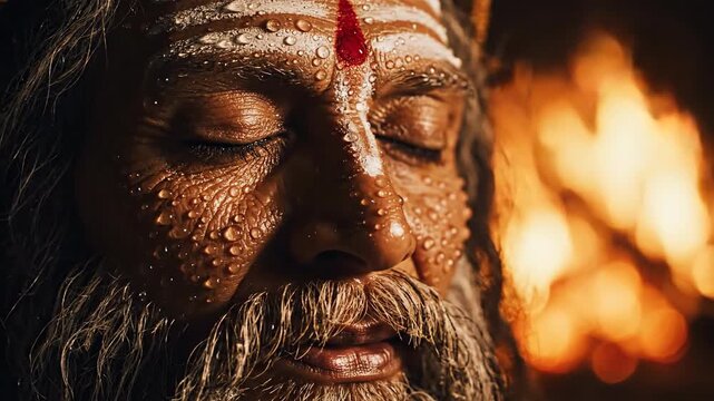 Sweaty indian sadhu in deep meditation, dramatically lit by a warm, fiery glow.