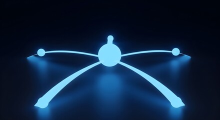 Abstract technological nexus structure glowing neon blue against a deep black background, symbolizing connectivity and network data flow.