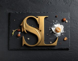 Close-up of gold ornate initials "SL" with food styling on a black slate platter and a dark background