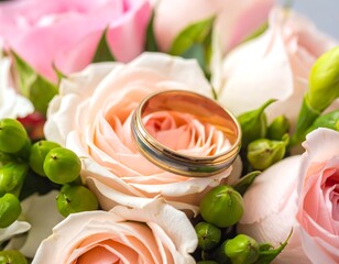 Close-up of gold wedding ring nestled within a vibrant bouquet of pink and peach roses. Green buds and foliage offer contrast