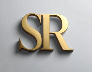 Close-up of gold-colored initials "SR" casting a shadow on a light grey background, featuring volumetric design