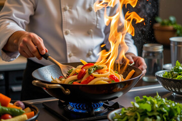 Professional Chef Tossing Fresh Vegetables in Wok with Fire Flambe