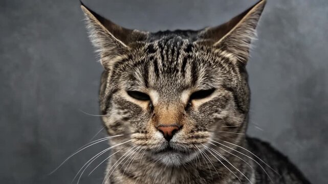 Close up portrait of a curious tabby cat with bright yellow eyes looking up against a dark grey background