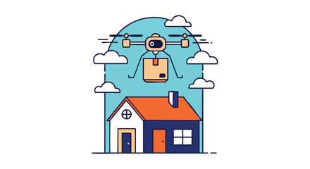 Fototapeta premium Drone Delivering Package to House with Clouds.