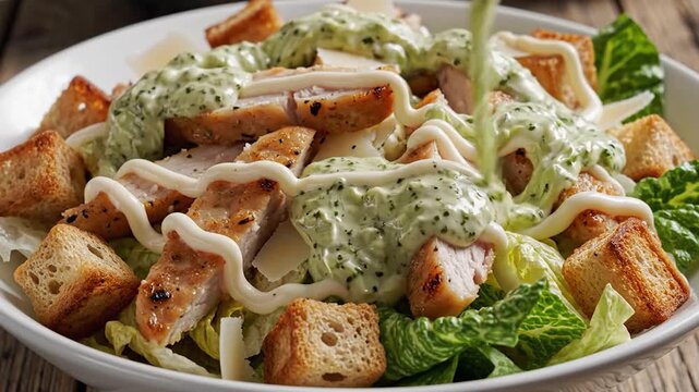 Pouring creamy green and white dressing on a chicken Caesar salad