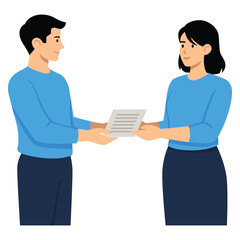 Obraz premium Document Exchange An illustrative scene depicting two individuals in the act of exchanging documents, symbolizing agreement or communication. 