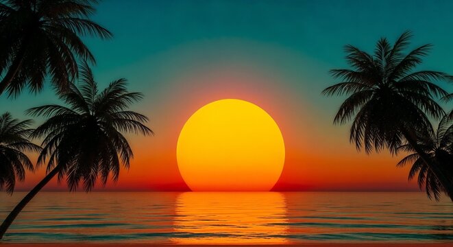 Surreal tropical landscape at sunset featuring a giant glowing orange sun and silhouetted palm trees against a vibrant turquoise sky.