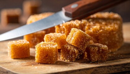 Close-up of golden brown sugar cubes cut on a rustic wooden cutting board, with a knife laid over the pieces