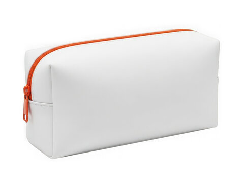 White toiletry bag with orange zipper isolated on a transparent background pouch