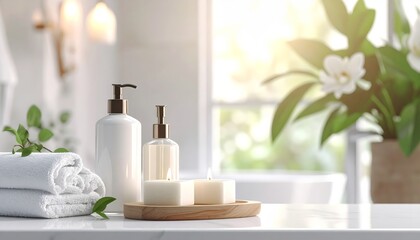 The still image depicts a tranquil spa atmosphere, complete with candlelight, essential oils, natural soaps, soft towels, and flowers