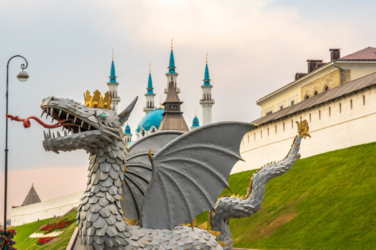 Dragon Zilant - the symbol of the city of Kazan and the Kul Sharif mosque of the Kazan Kremlin. Russia. Summer evening view