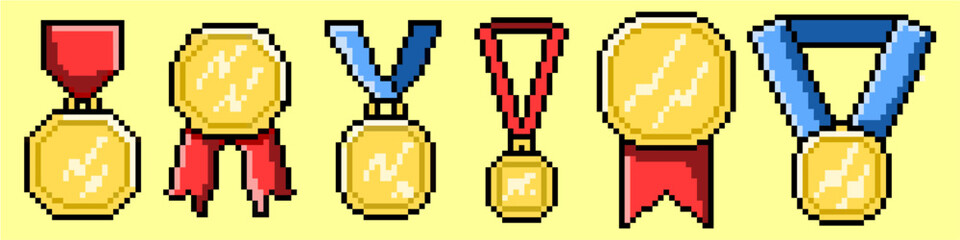 Set editable pixel medal icon vector for recognizing accomplishments. Ideal for gaming interfaces, sports graphics, and honor systems. Symbolizes excellence, victory, and top-tier achievement. © Taliax