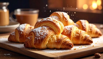 Close-up of golden, flaky pastries dusted with powdered sugar, alongside coffee and milk. Cozy, warm setting