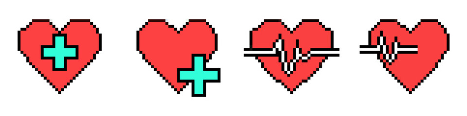 Set editable pixel health cardio icon vector for fitness apps and medical sites. Ideal for tracking vitals, exercise routines, and wellness. Symbolizes heart health, life, and physical activity.