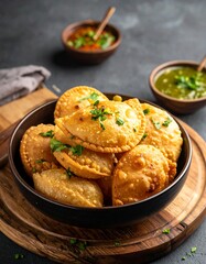 Close-up of golden fried pastries in a bowl on a wooden board, with two bowls of dips in the background