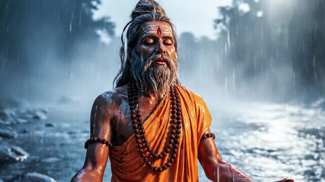 A bearded indian sadhu meditating intensely under heavy rain, captured in a mystical, cinematic portrait near a dark river.