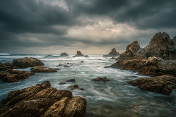 Dramatic rocky coastline with stormy weather and dark clouds gathering over the ocean